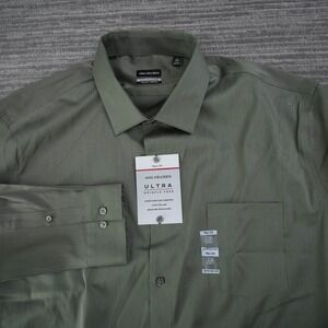 Van Heusen Dress Shirt Men Ultra Wrinkle Free‎ Tall Fit Stretch Olive 18.5 37/38